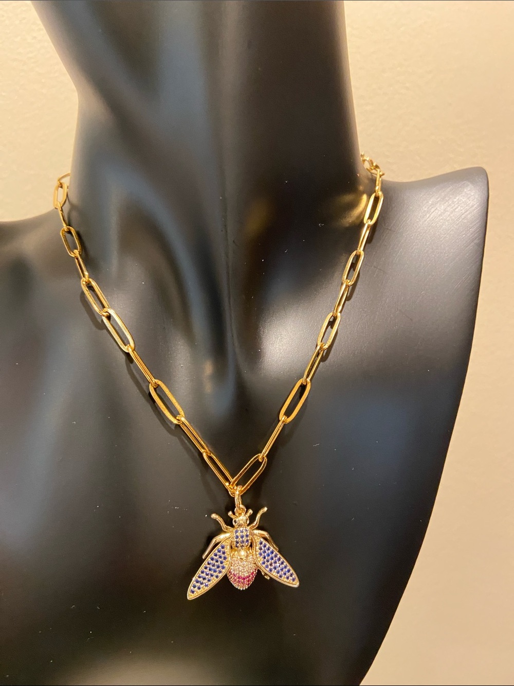 Gold-Tone Bee Pendant Necklace with Blue and Pink Crystals